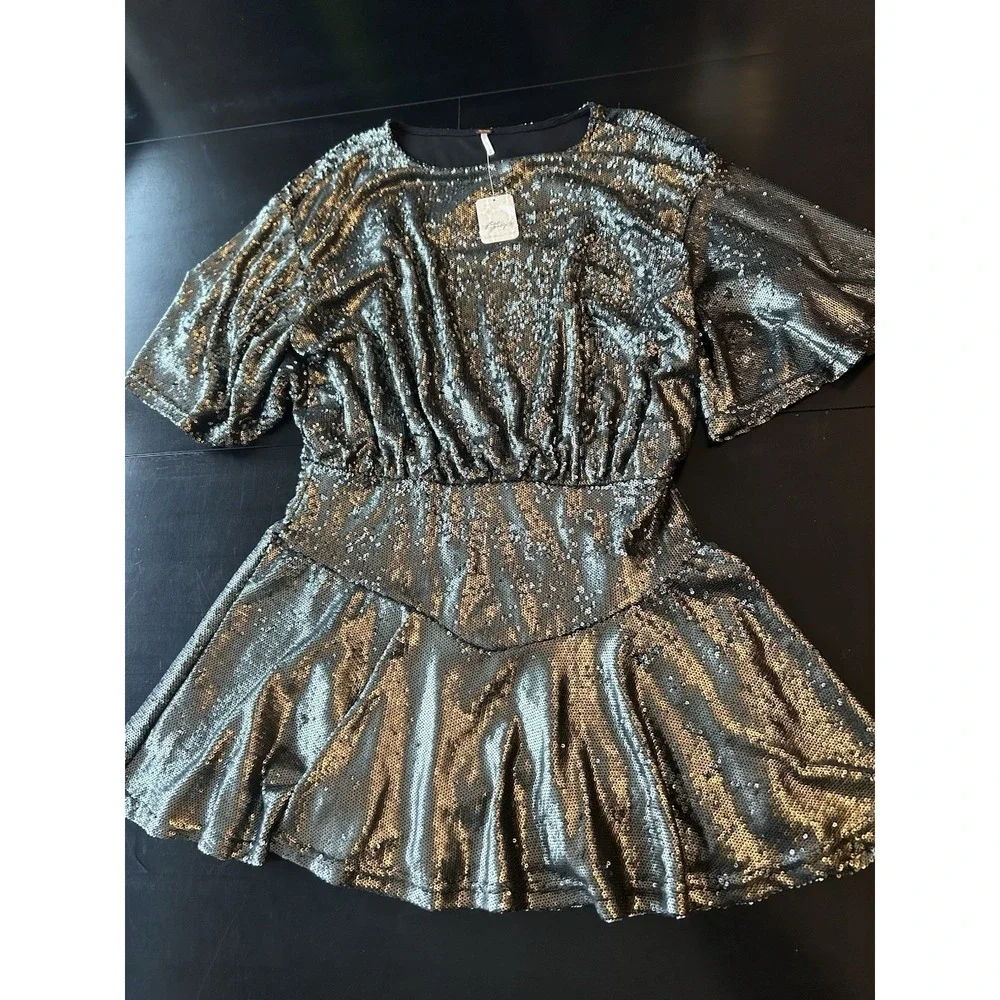 Free People Women's Manuka Sequin Mini Dress M Silver Gunmetal Gray READ